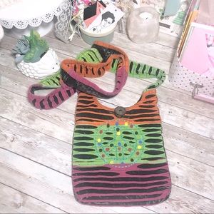 Embroidered Peace Sign Women’s Black Purse Crossbody Hippie Boho Retro Ripped